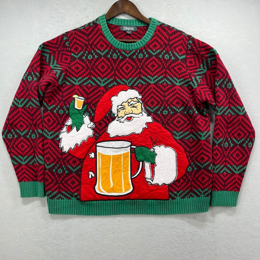 33 Degrees Christmas Sweater Mens XL Red Green Santa Beer Fair Isle Ugly Holiday